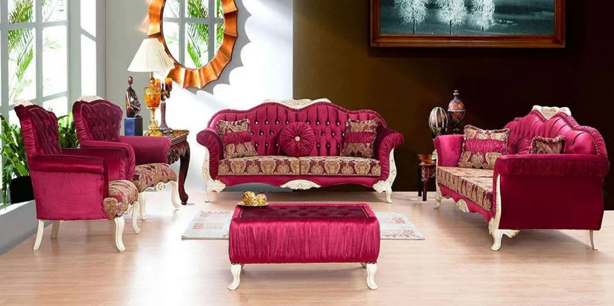 Luxury Baroque Living Room Set Bordeaux Red / White / Gold - 2 Sofas with Pattern & 2 Armchairs with Pattern & 1 Coffee Table - Magnificent Baroque Living Room Furniture