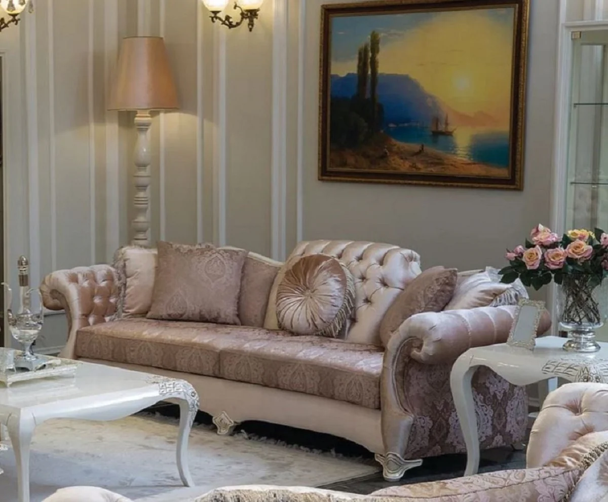 Luxury baroque living room sofa pink / purple / white / beige 265 x 97 x H. 84 cm - solid wood sofa with elegant pattern and decorative pillows - living room furniture in baroque style