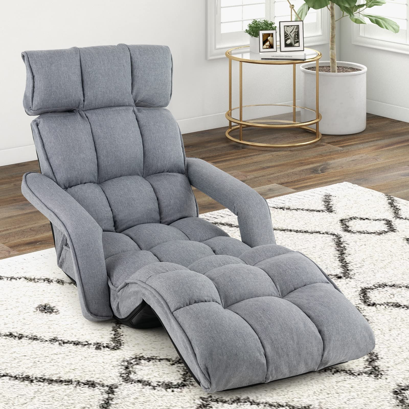 BEFOUNDLOVELY Foldable Lazy Sofa Bed, 6-Position Adjustable Floor Chair Chaise Lounge with Armrest and Footrest