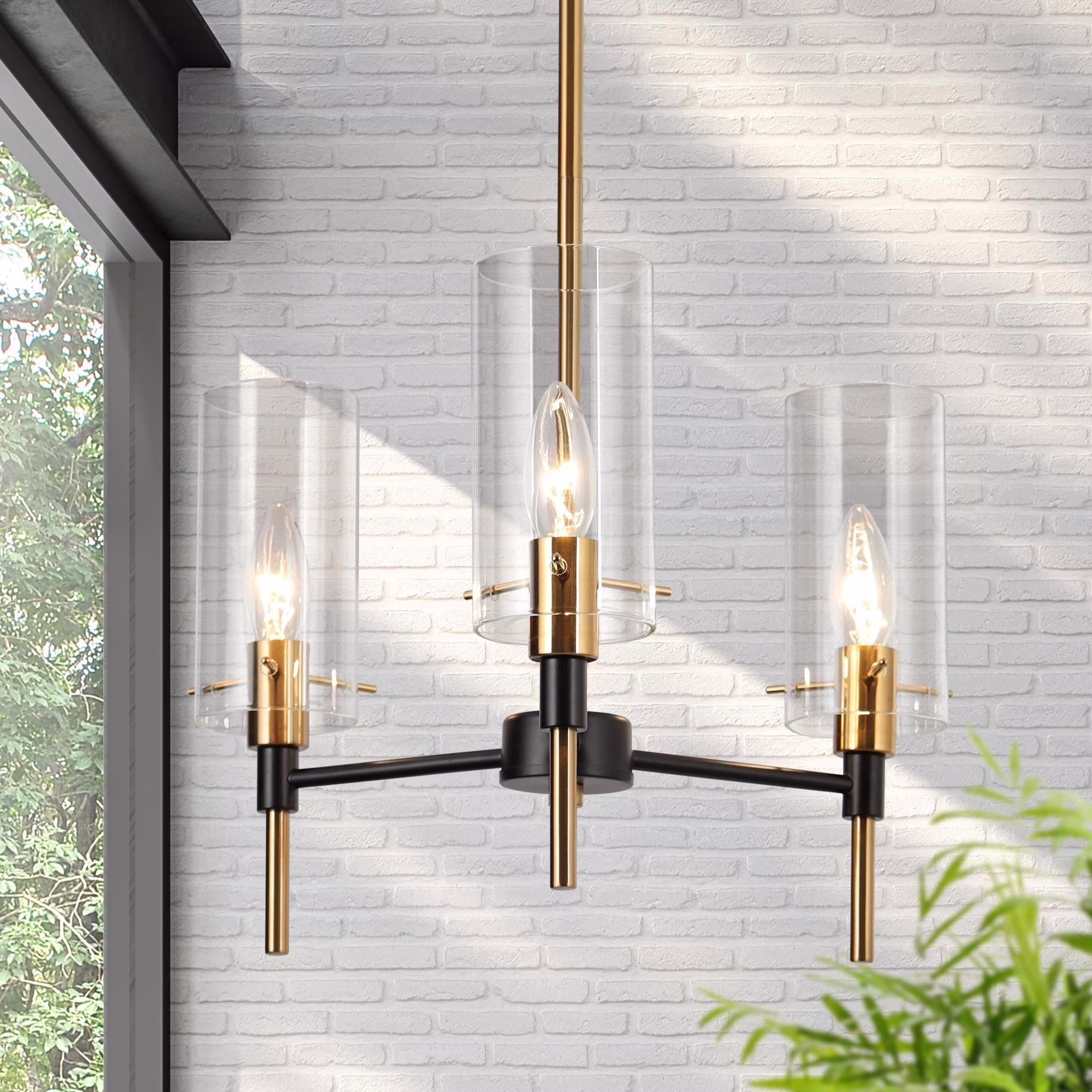 Savonnerie Modern 3-Light Black Gold Chandelier Pendant Light with Glass Shades Kitchen Island Light for Dining Room Cylindrical