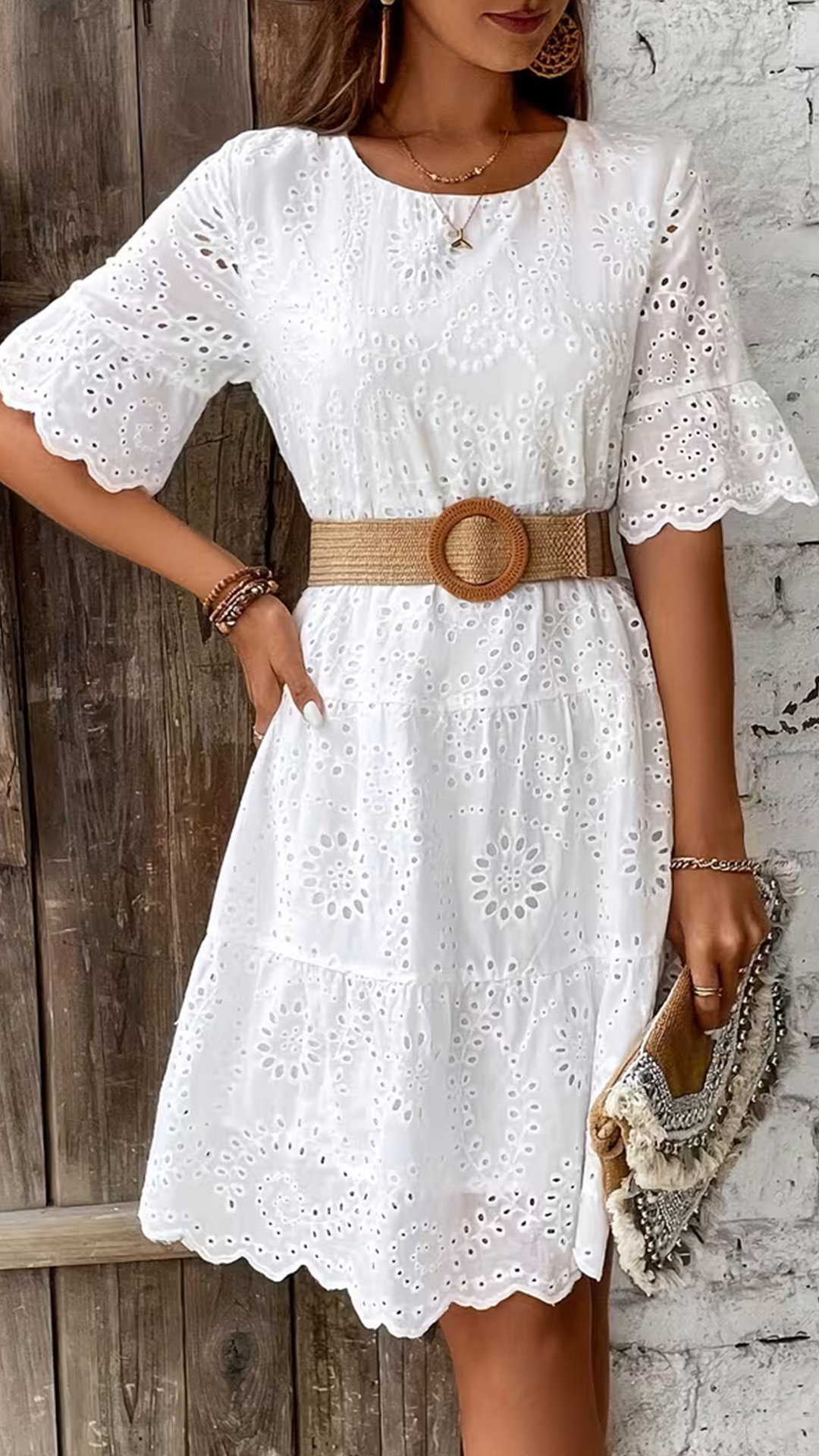 Women's Embroidered Eyelet Loose Tiered Dress（No belt） - Nordfashionstorm - Women's Clothing, Fashion for You - Nordfashionstorm.com