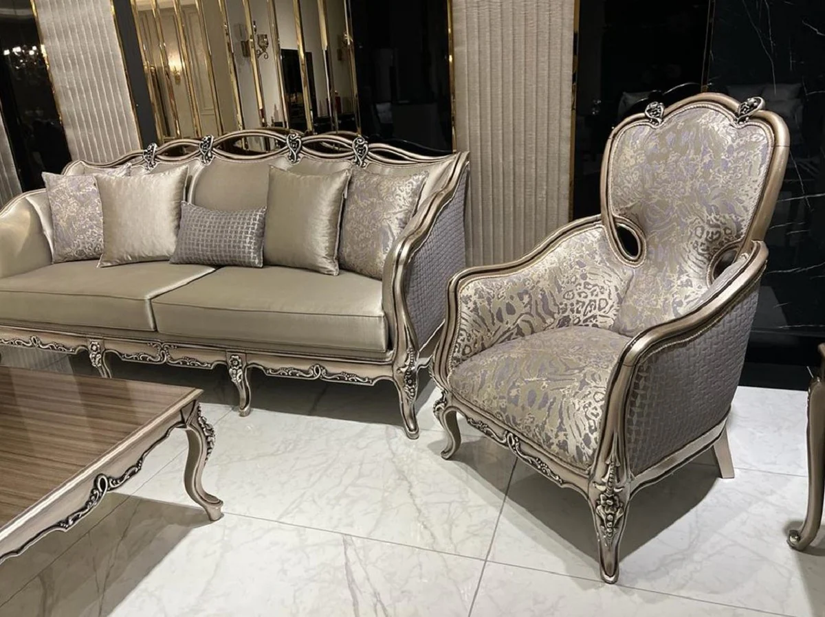 Luxury Baroque Sofa Gold / Purple / Gold - Handmade Living Room Sofa with Decorative Pillows - Living Room Furniture in Baroque Style - Noble & Magnificent