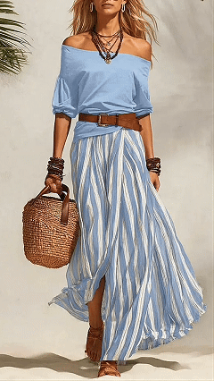Women's Cotton‑blend Off‑the‑shoulder Mid‑sleeve Top & Blue‑white Striped Slit Maxi Skirt Set - Nordfashionstorm - Women's Clothing, Fashion for You - Nordfashionstorm.com