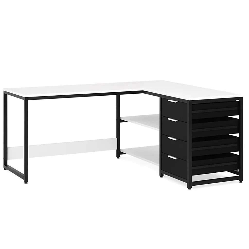 L-shaped desk with 4 drawers and open shelves, black and white, 140 x 120 x 75 cm - AEBVMIv304lW