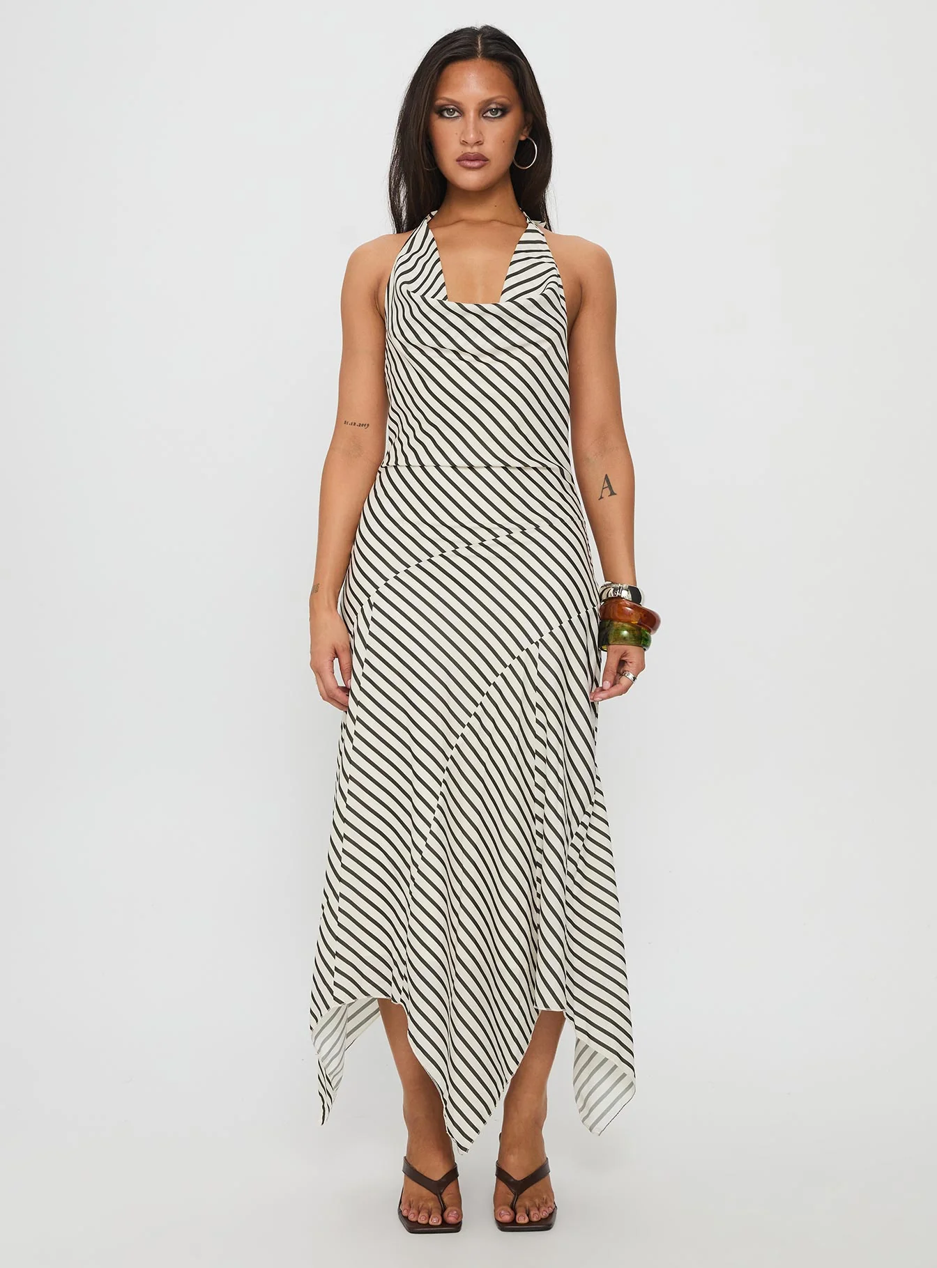 Junipa Halter Asymmetrical Maxi Dress White Stripe