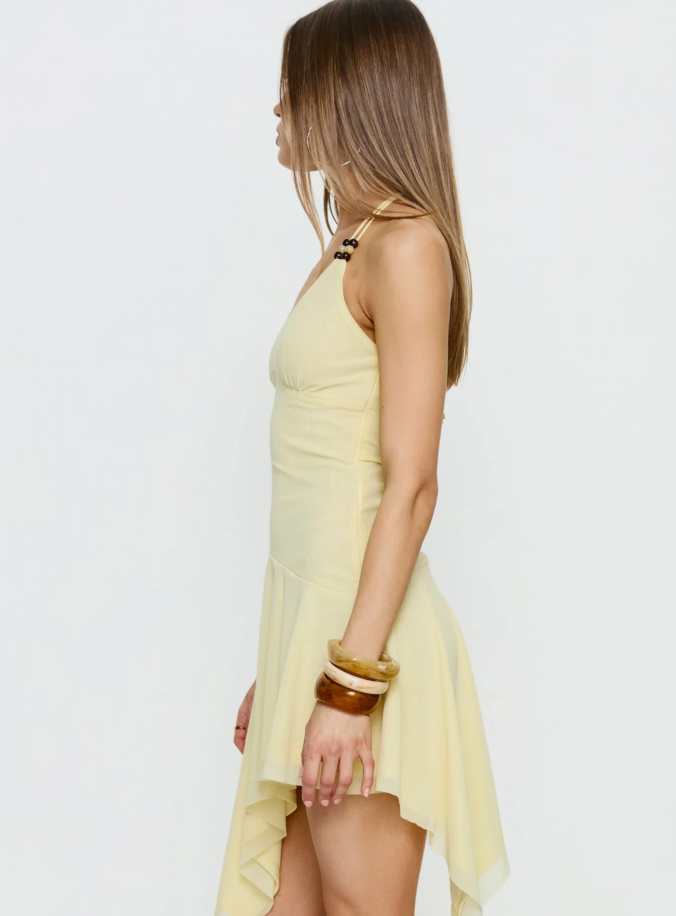 Rush Beaded Asymmetrical Halter Mini Dress Yellow