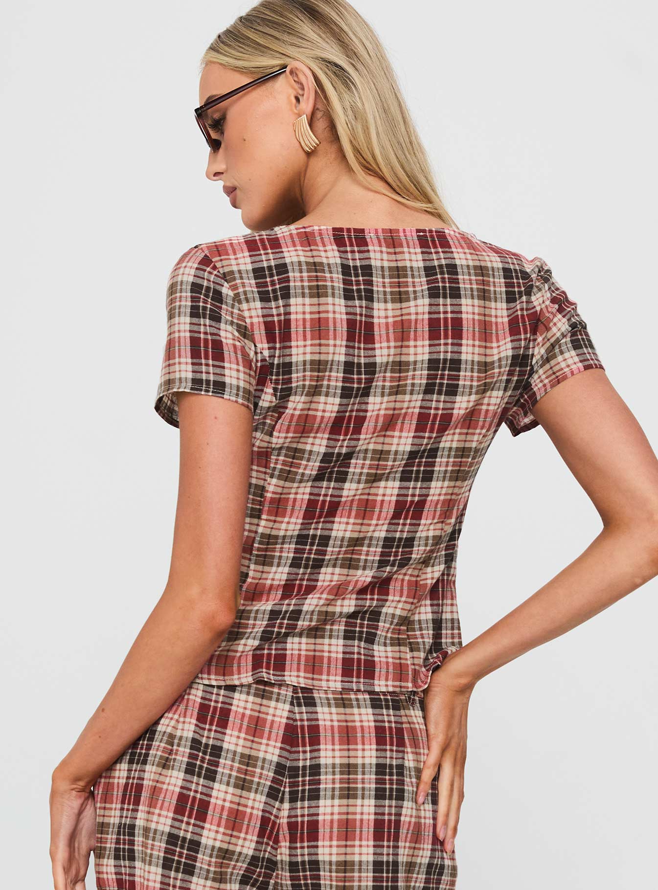 Odera Button Up Blouse Top Red Check