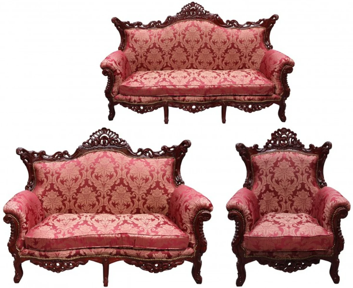 Baroque living room set Bordeaux pattern / brown red - 3-seater sofa + 2-seater sofa + 1 armchair - Baroque furniture