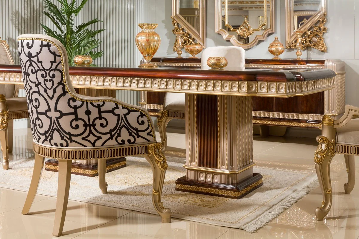 Luxury Baroque Dining Room Chair with Armrests Gray / White / Black / Gold H. 94 cm