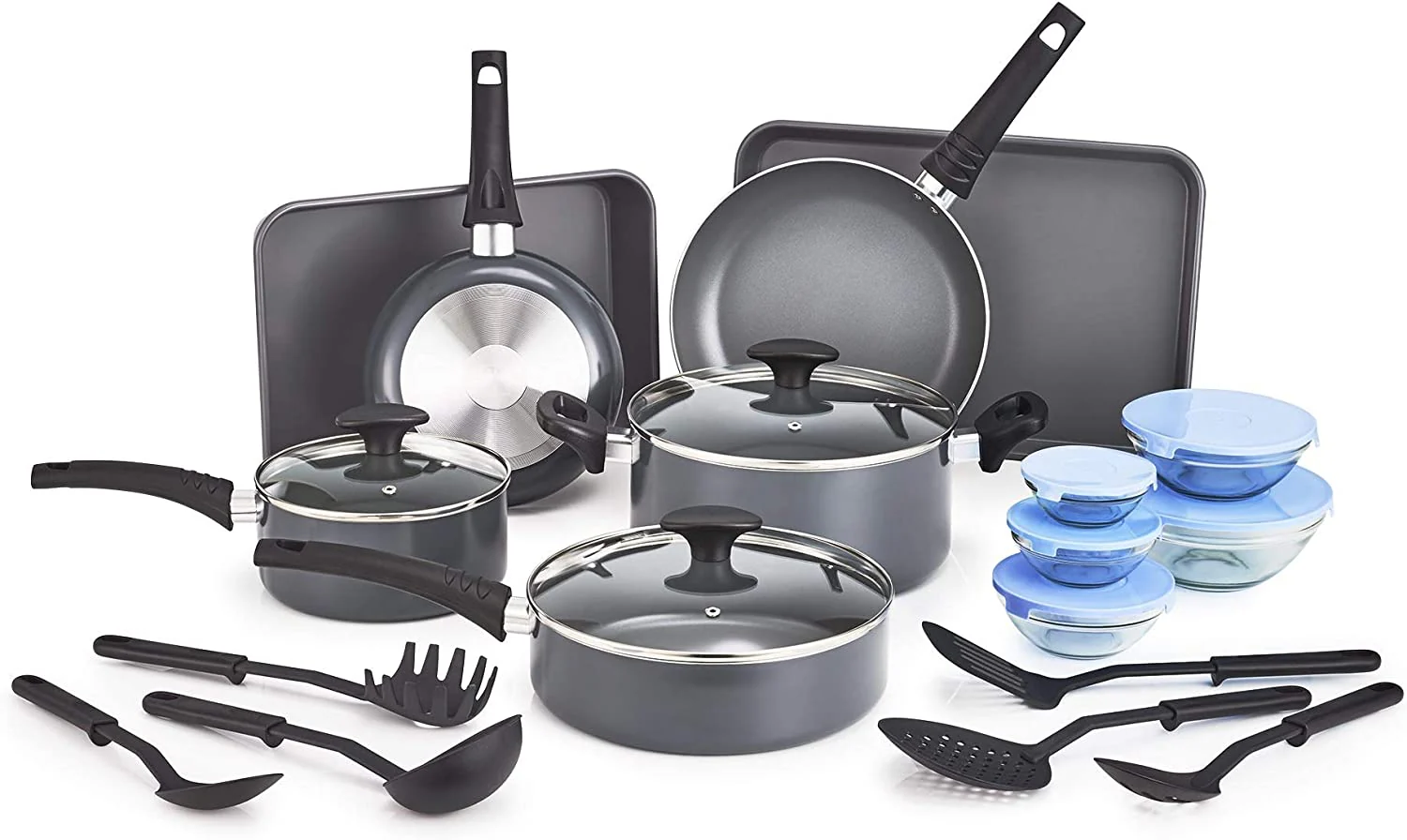 21 piece cooking, baking and storage set, kitchen utensils for the first or new apartment, assorted non-stick cookware, 9 hassle-free nylon cooking utensils, 5 glass storage bowls with lids, BPA and PFOA free