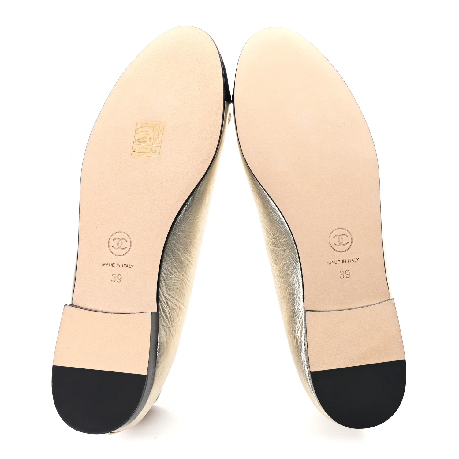 Metallic Laminated Lambskin Grosgrain CC Cap Toe Ballerina Flats 39 Light Gold Black - Top Club