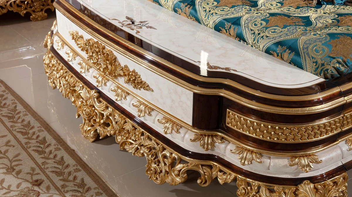 Luxury baroque bedroom set blue / white / brown / gold - 1 double bed with headboard & 2 bedside chests - bedroom furniture in baroque style - noble and magnificent