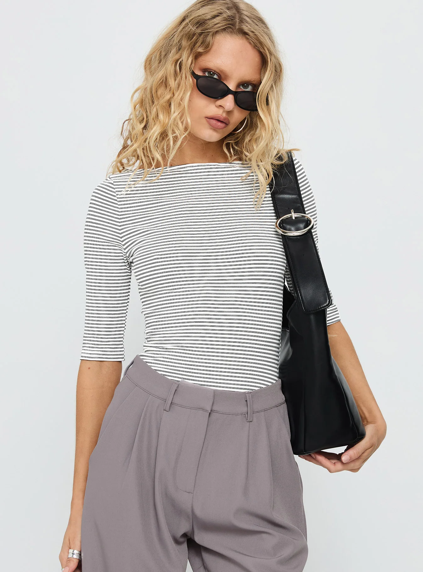 Here One Moment 3/4 Sleeve Bodysuit Black / White Stripe