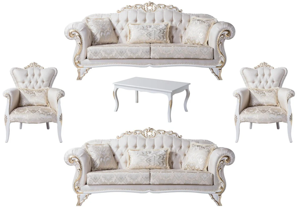 Luxury baroque living room set cream / white / gold - 2 sofas & 2 armchairs & 1 coffee table - living room furniture in baroque style - noble & magnificent