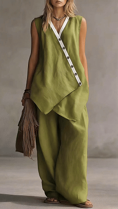Women's V-Neck Sleeveless Wide-Leg Pants Two-Piece Set with Asymmetrical Buttons - Nordfashionstorm - Women's Clothing, Fashion for You - Nordfashionstorm.com