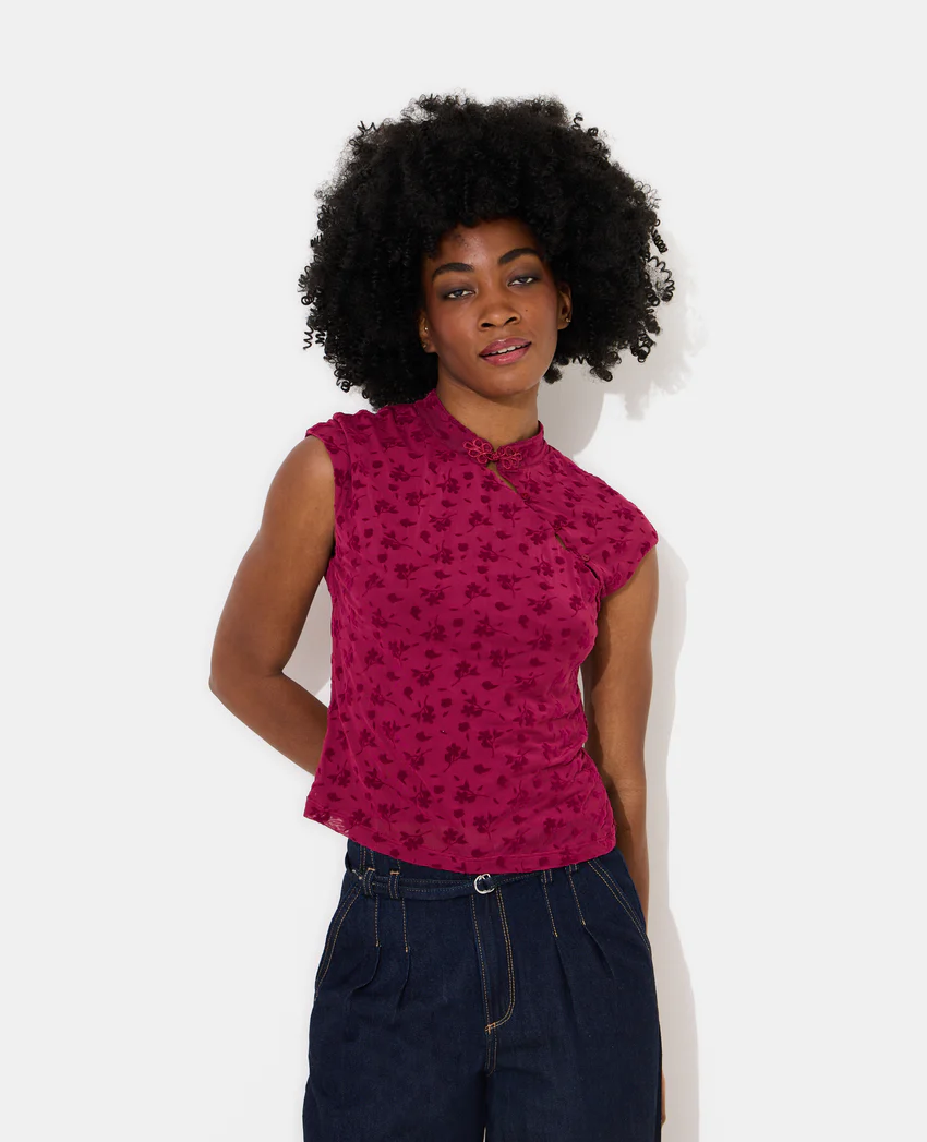 Pimkie Top col mao en résille avec motif fleurs