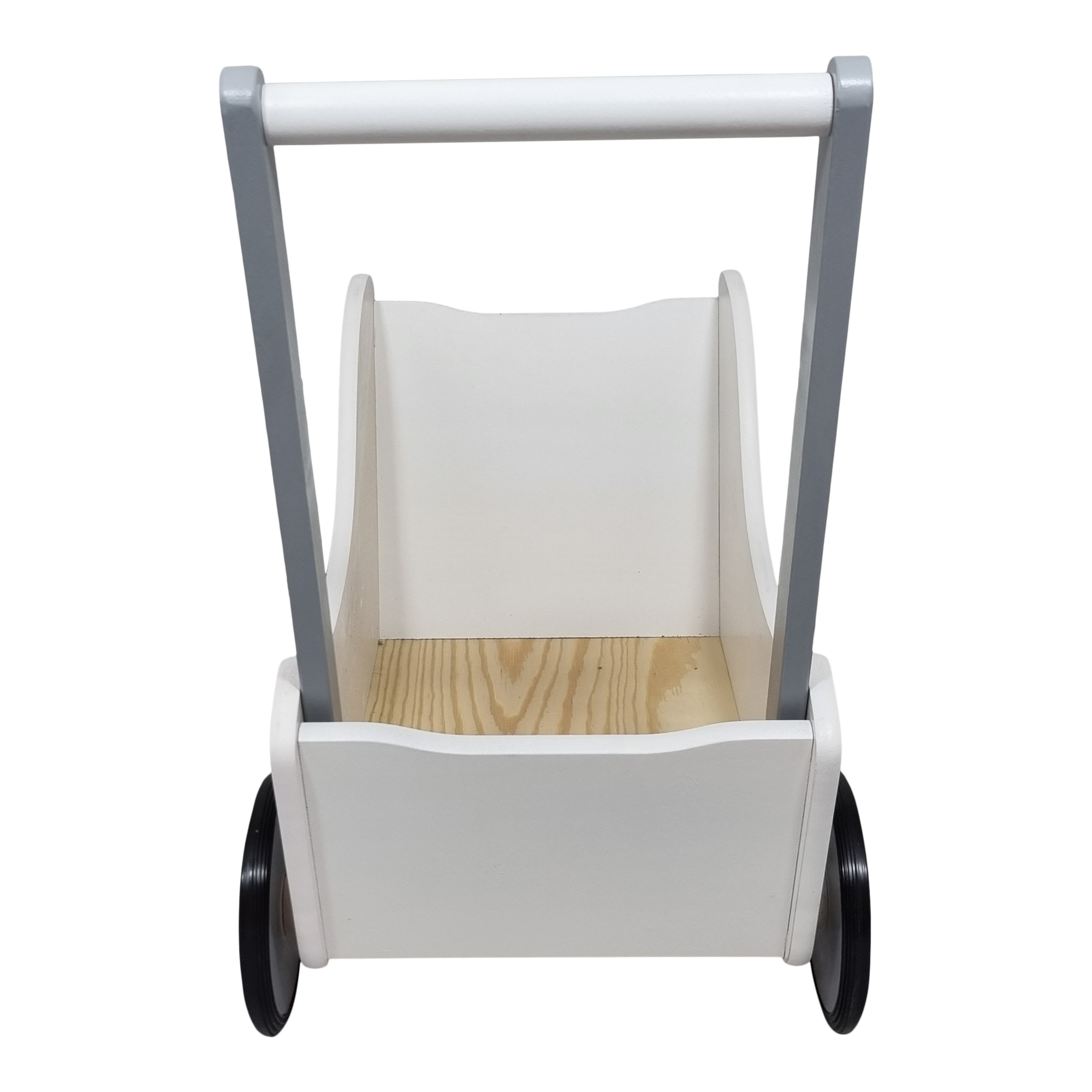 Poppenwagen Hout wit zilver met stippen zwart rubber