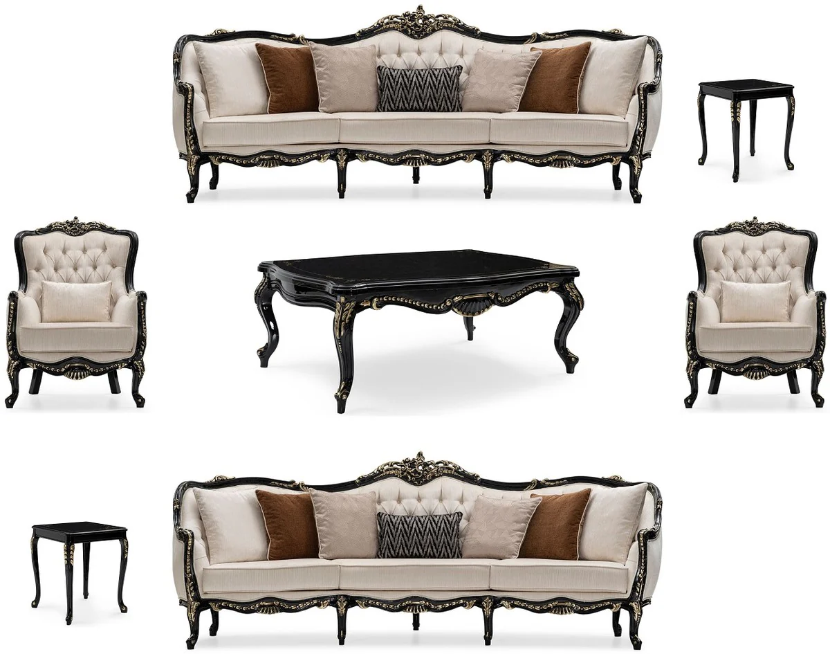 Luxury Baroque Living Room Set Cream / Black / Gold - 2 Sofas & 2 Armchairs & 1 Coffee Table & 2 Side Tables - Handcrafted Living Room Furniture in Baroque Style - Noble & Magnificent