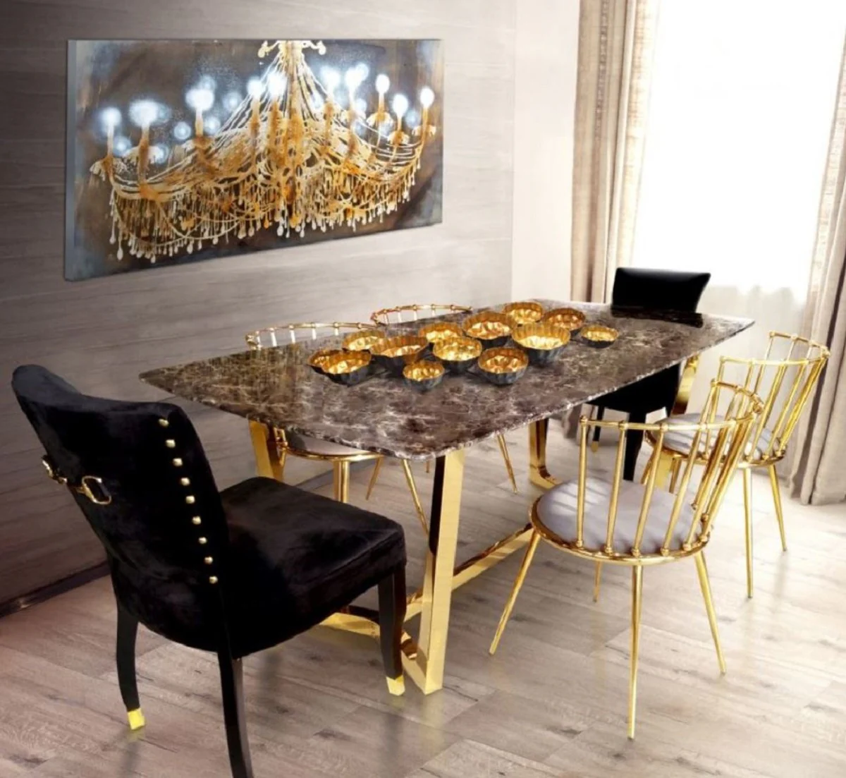 Luxury dining table brown / gold 200 x 100 x H. 75 cm - Dining room table with artificial marble table top - Dining room furniture - Luxury furniture - Luxury furnishings