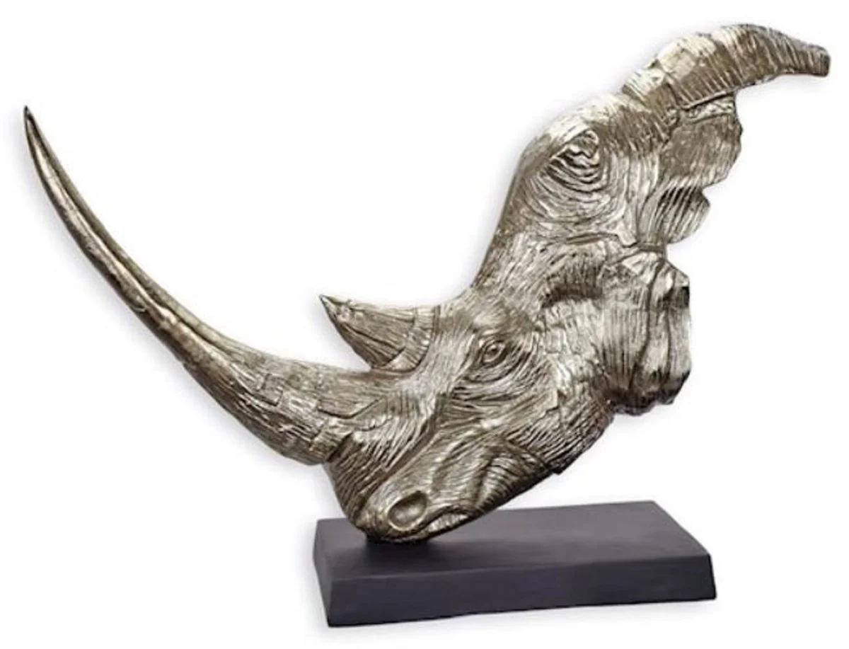 Luxury aluminum decorative sculpture rhino head silver / black 93.5 x 22.5 x H. 67 cm - aluminum decorative figure with wooden base - living room decoration - desk decoration