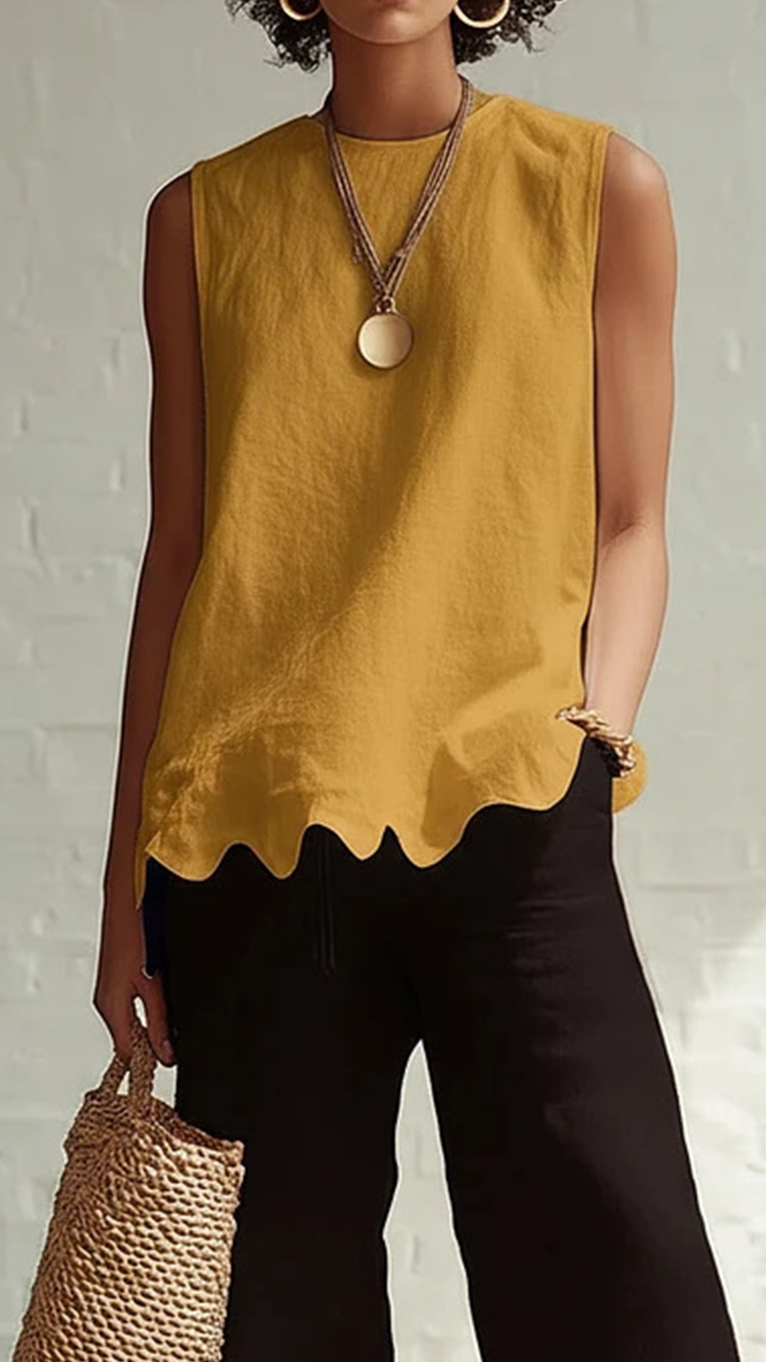 Women's Cotton‑blend Crew‑neck Sleeveless Scalloped‑hem Waist‑cinched Top - Nordfashionstorm - Women's Clothing, Fashion for You - Nordfashionstorm.com