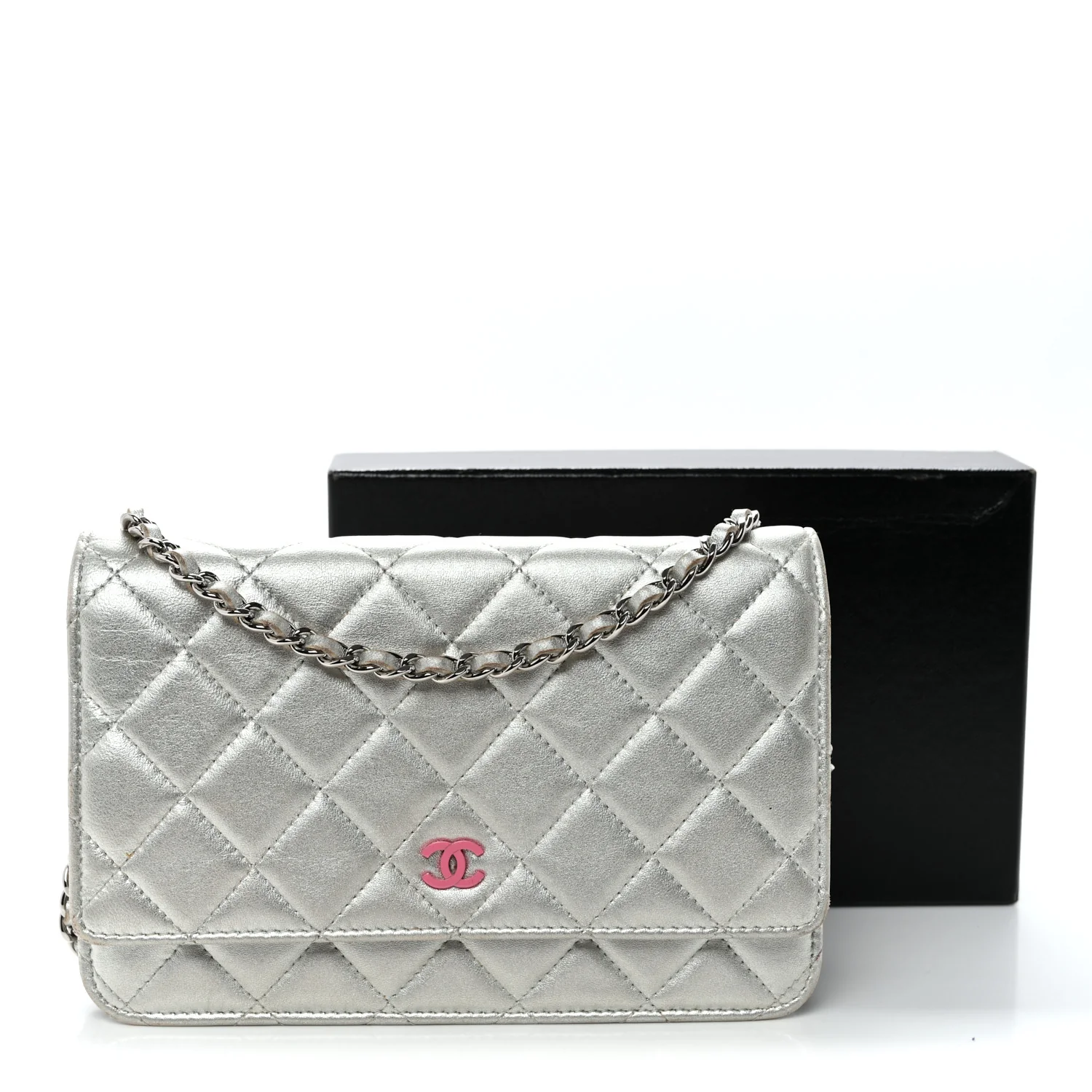 Metallic Lambskin Quilted Wallet On Chain WOC Silver - Top Club