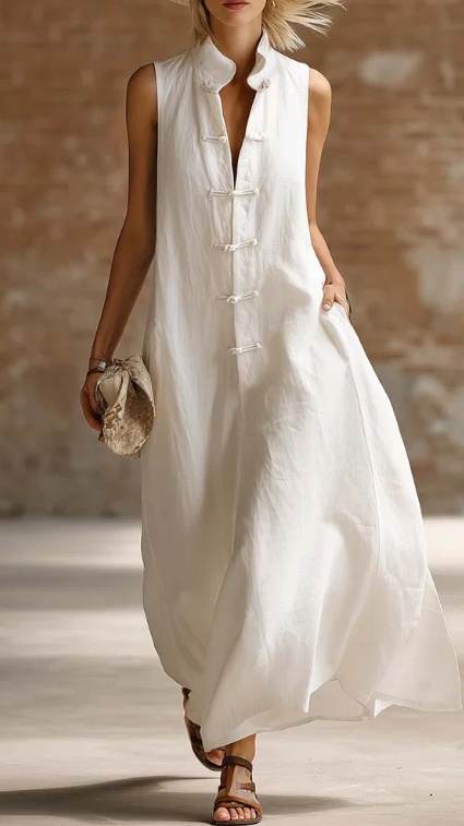 Women's Loose-Fit Stand-Collar Linen-Cotton Dress - Nordfashionstorm - Women's Clothing, Fashion for You - Nordfashionstorm.com