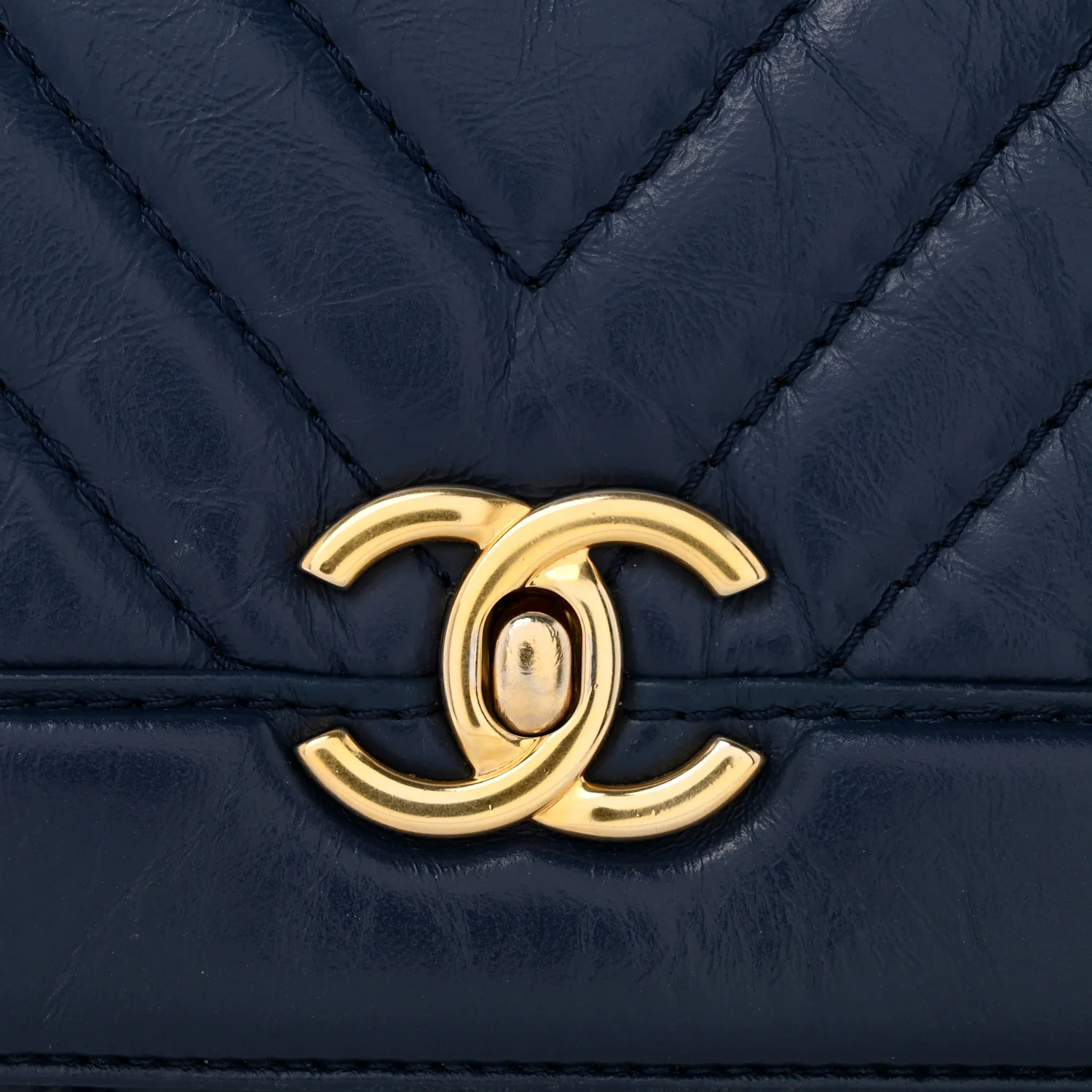 Calfskin Chevron Quilted Top Handle Flap Navy - Top Club