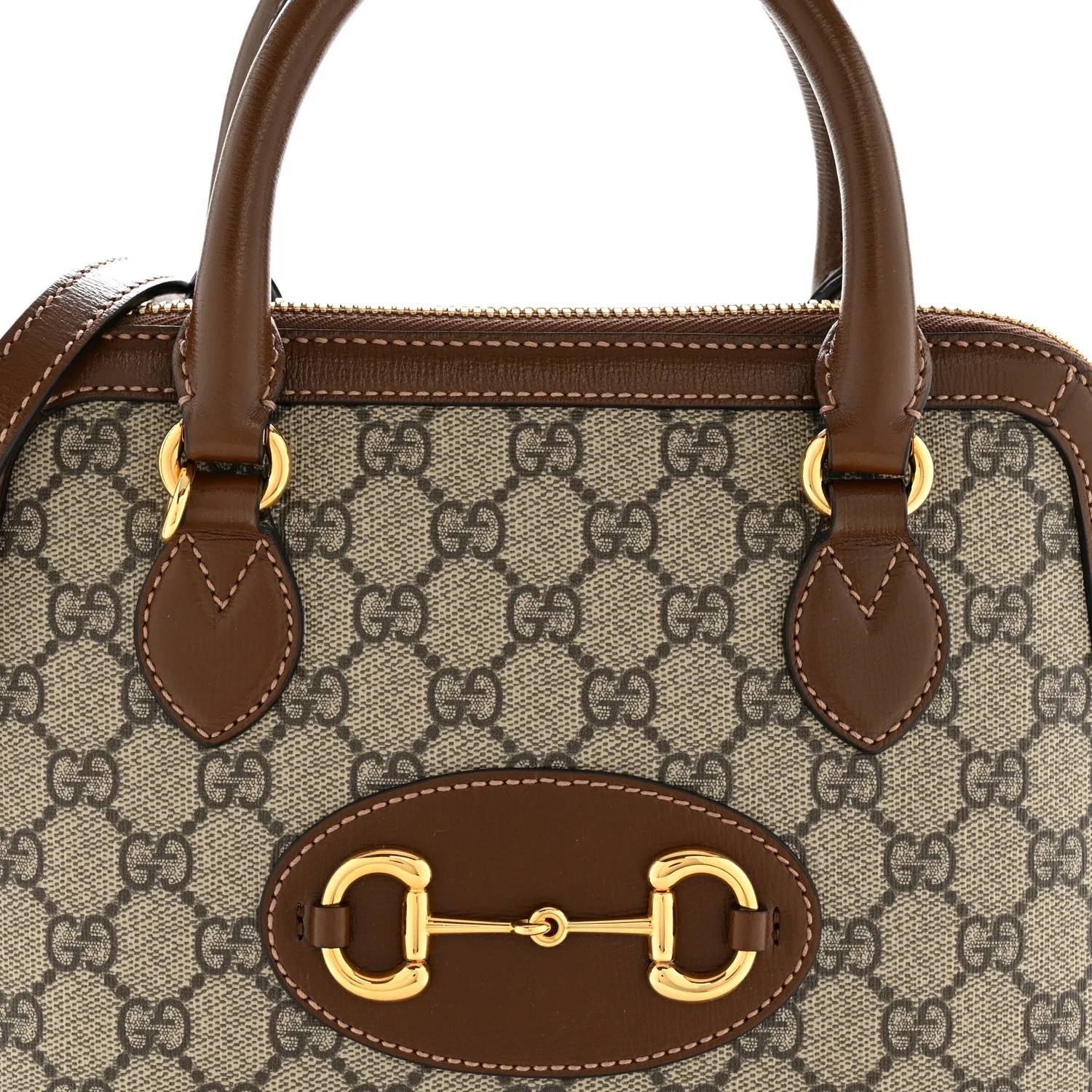 GG Supreme Monogram Azalea Calfskin Small Horsebit 1955 Top Handle Bag Beige Ebony Brown Sugar - Top Club