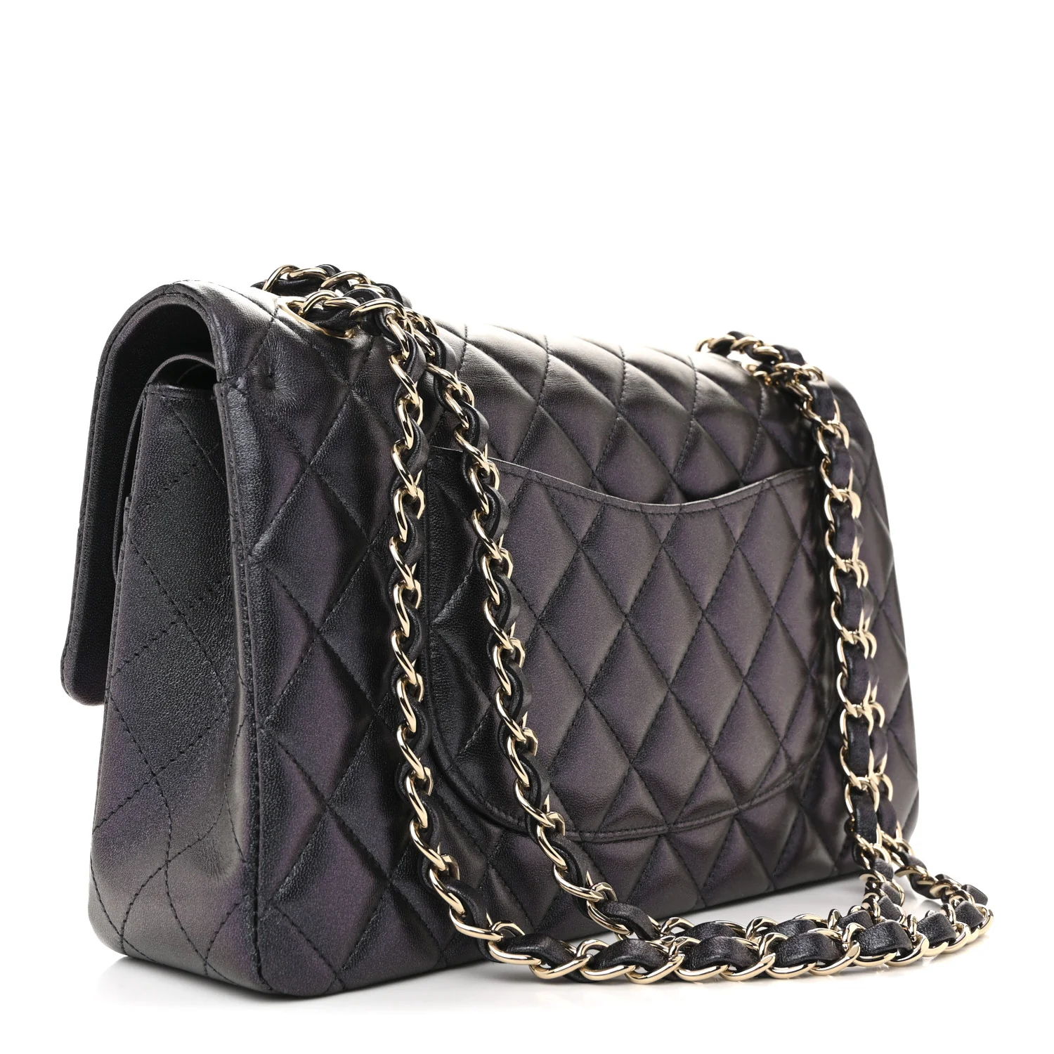 Iridescent Lambskin Quilted Medium Double Flap Black - Top Club