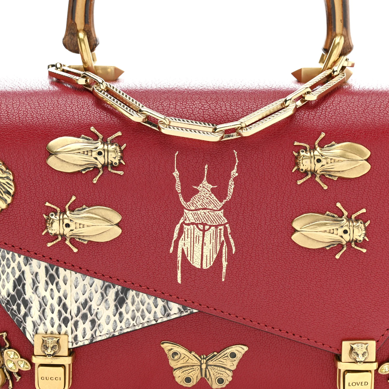 Calfskin Snakeskin Studded Small Ottilia Top Handle Bag Hibiscus Red - Top Club