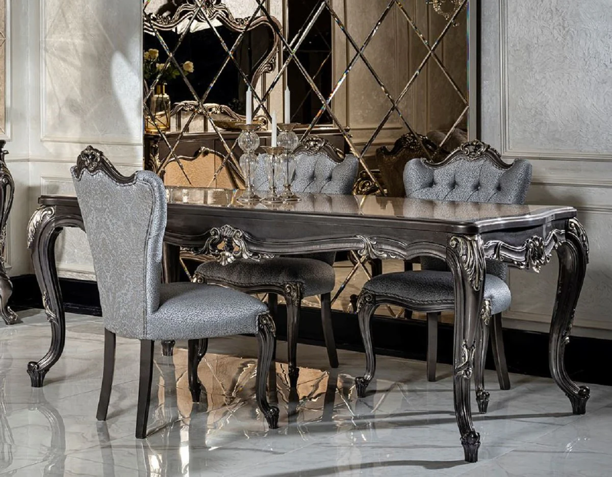 Luxury baroque dining room set light blue / dark gray - 1 dining table & 6 dining chairs - noble dining room furniture in baroque style