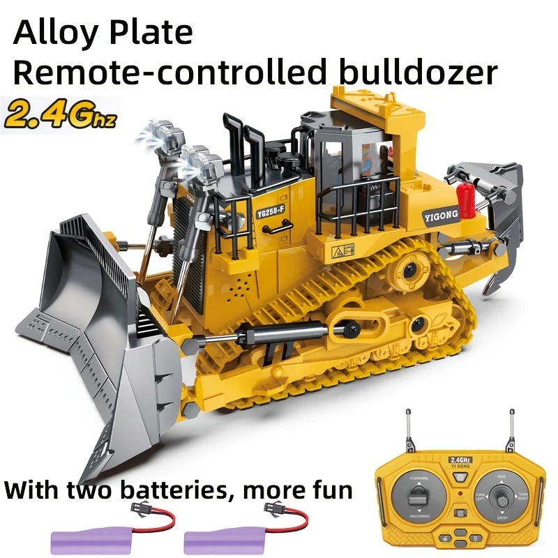 9 Channel Remote Control Bulldozer, 2.4GHz RC Construction Vehicle Truck Toy with Alloy Metal Cap, Light Sound, Rechargeable 2 Batteries for Boys and Girls Ages 3 4 5 6 7 8 Years Old