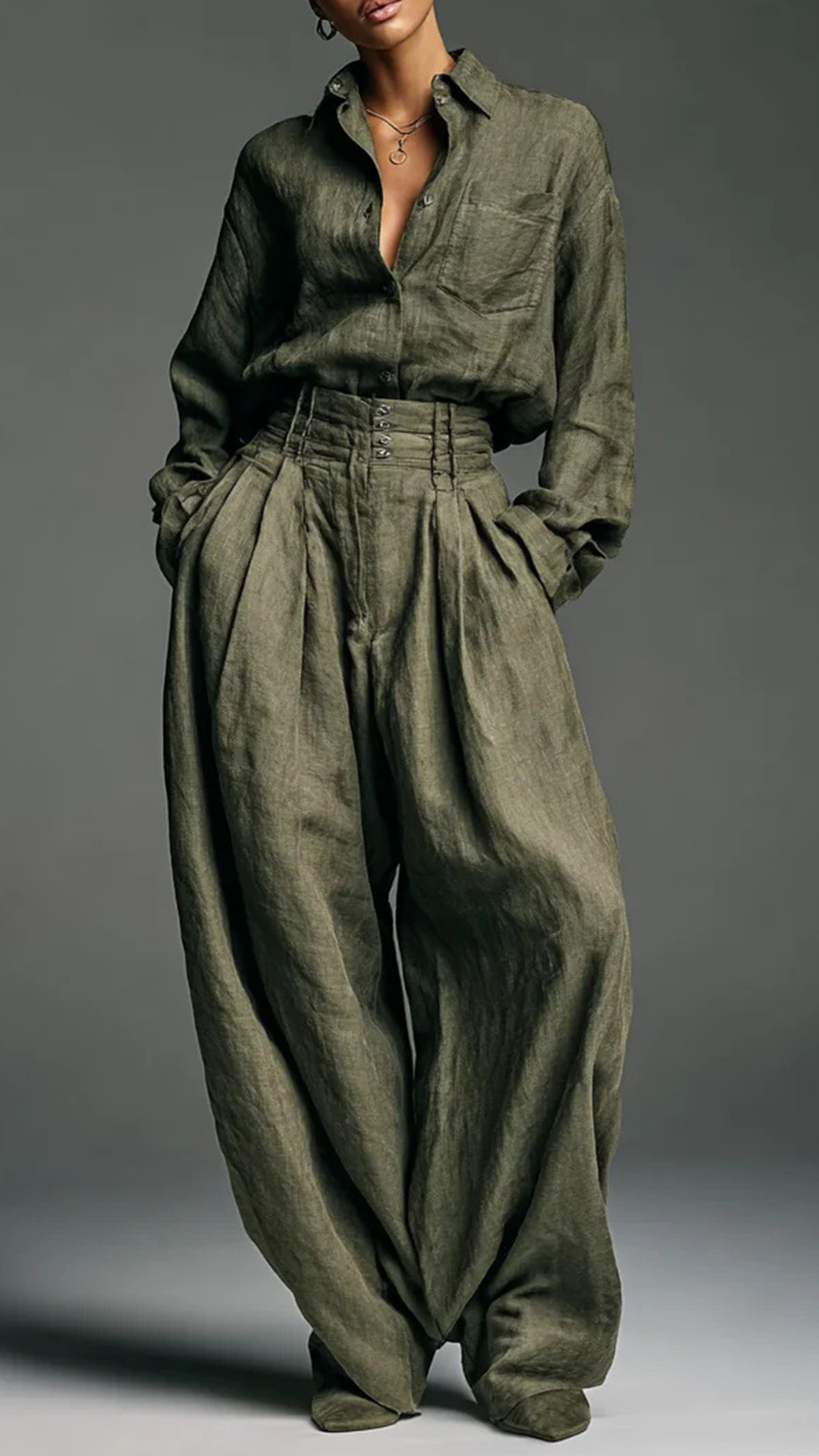 Women's Cotton-blend Lapel Long-sleeve Shirt & High-waist Wide-leg Pants Set - Nordfashionstorm - Women's Clothing, Fashion for You - Nordfashionstorm.com