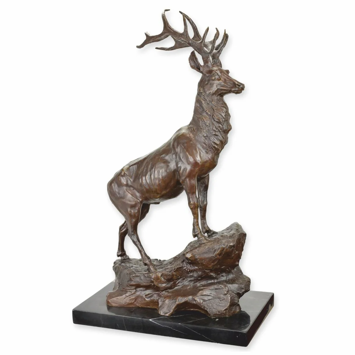 Luxury bronze decorative sculpture deer on rock left side brown / black H. 68.5 cm