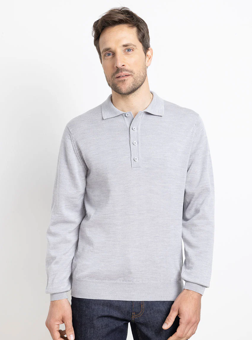 Pull homme col polo en laine gris givré
