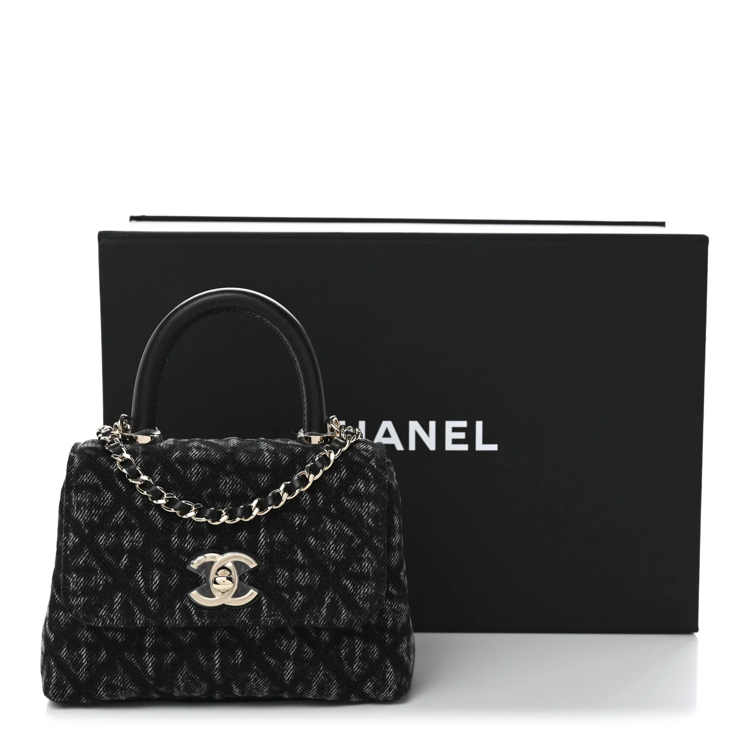 Washed Denim Quilted Coco Handle Clutch With Chain Black - Top Club