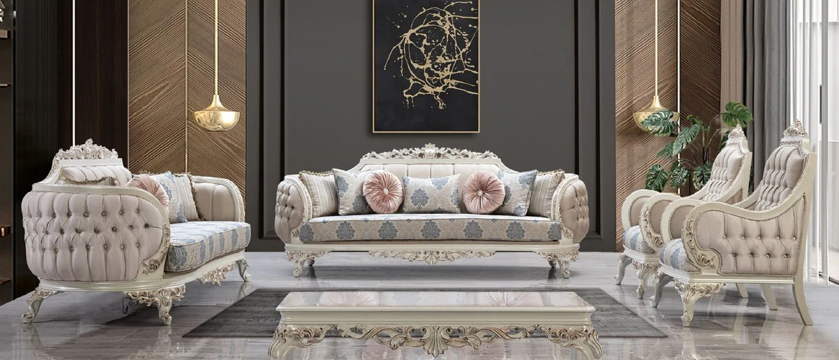 Luxury Baroque Living Room Set Multicolored / Cream White / Copper - 2 Baroque Sofas & 2 Baroque Armchairs & 1 Baroque Coffee Table - Luxury Living Room Furniture in Baroque Style - Baroque Furniture