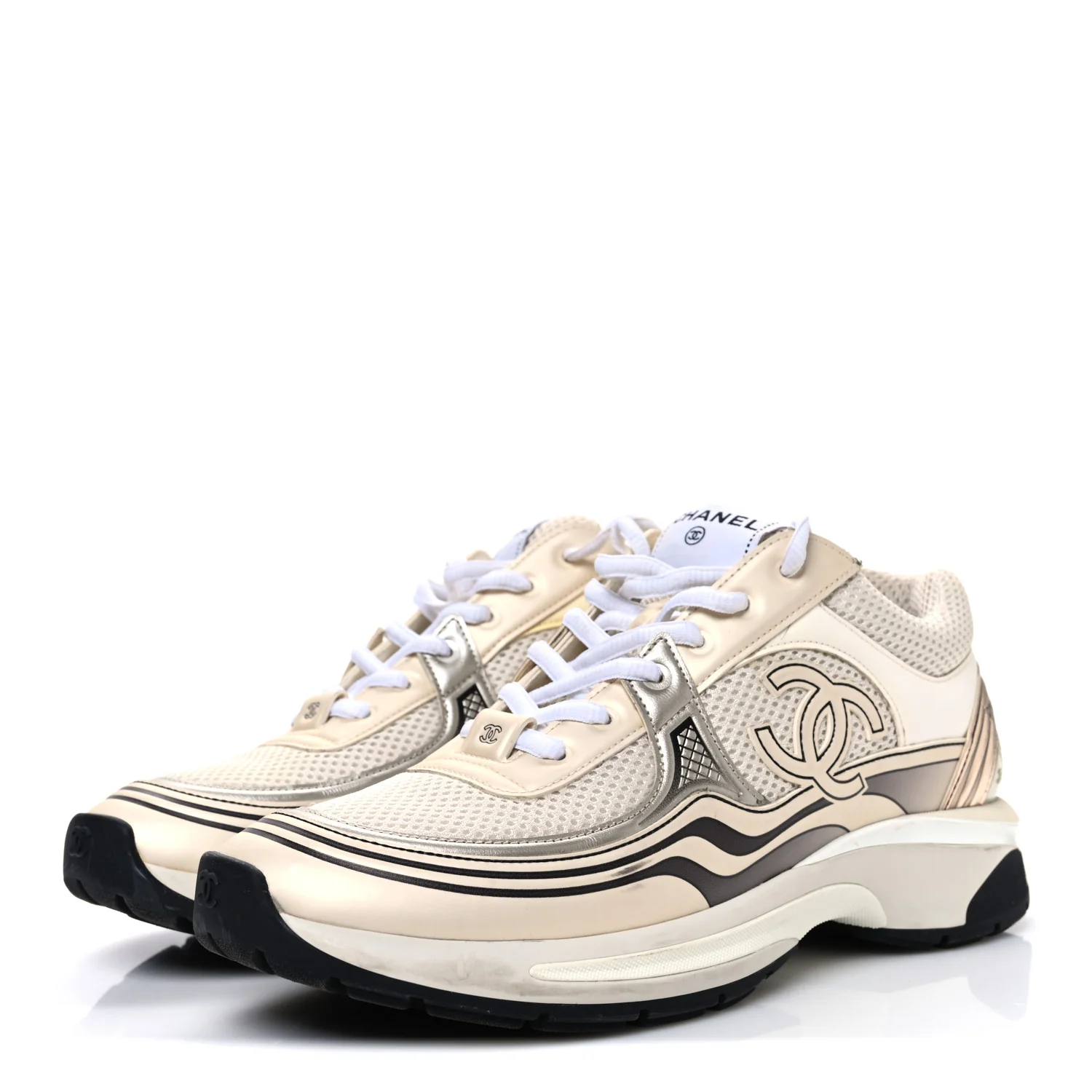 Fabric Laminated Calfskin Stretch CC Sneakers 41 Ivory White Silver - Top Club