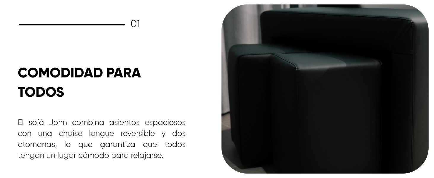 Mueble negro acolchado o acolchado con texto en español «COMODIDAD PARA TODOS».