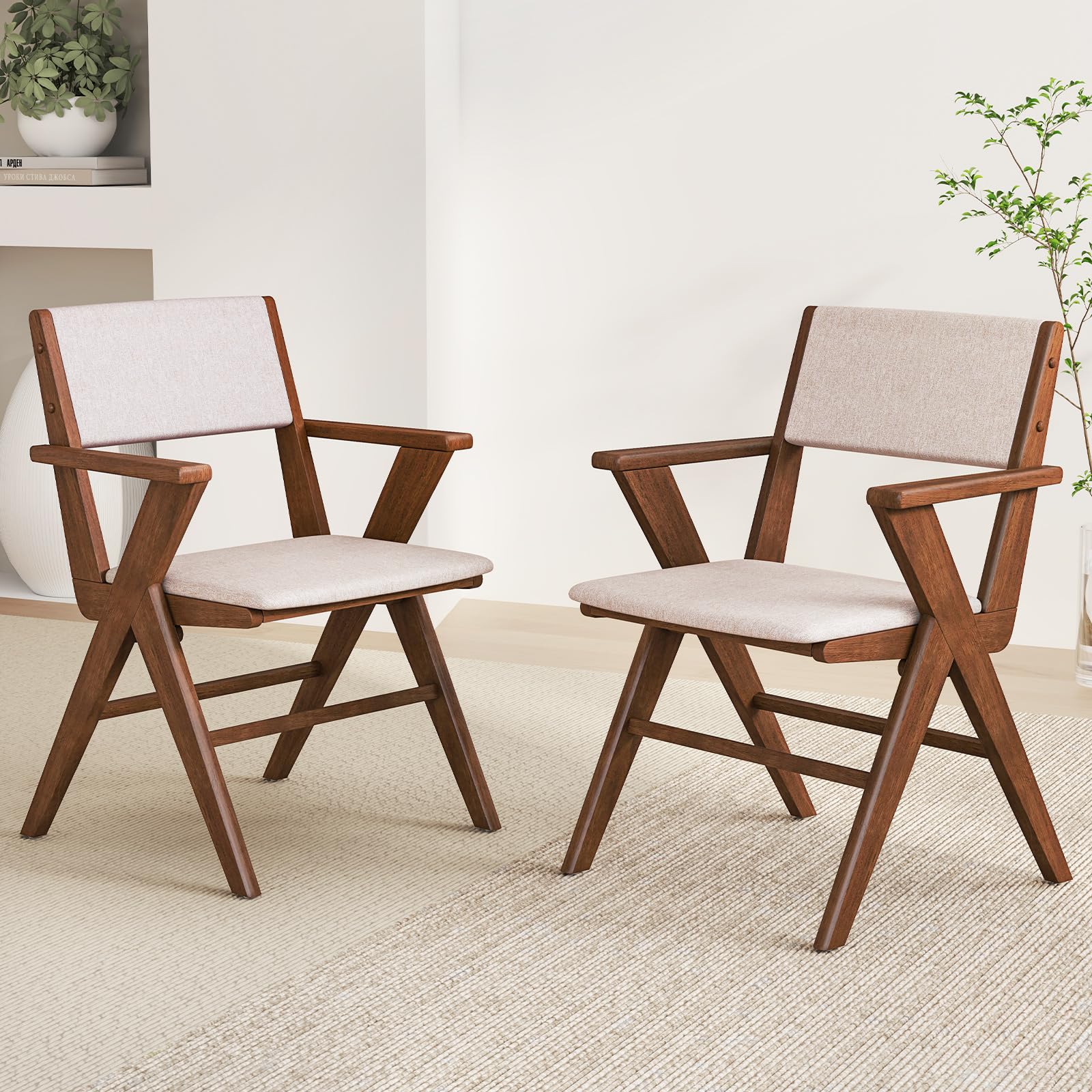 BEFOUNDLOVELY Wooden Dining Chairs Set of 2/4 w/Armrests, Rubber Wood Frame, Padded Seat & Back