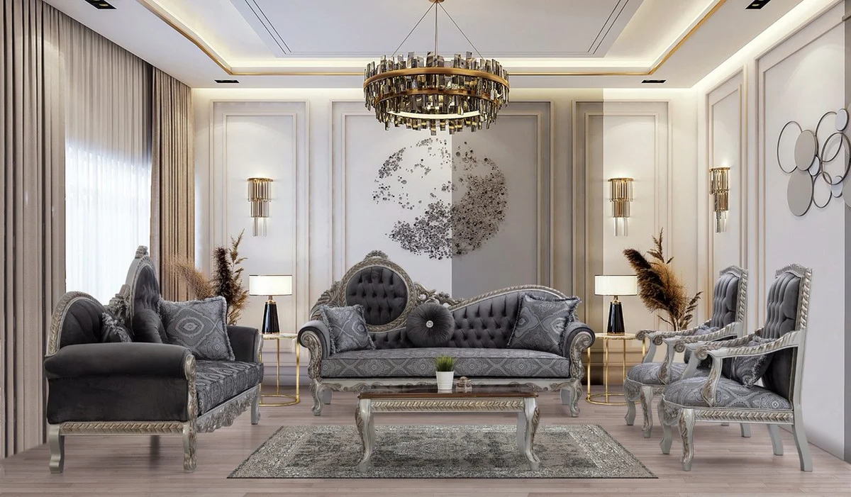 Luxury baroque living room set gray / blue / silver / bronze - 2 sofas & 2 armchairs & 1 coffee table - magnificent living room furniture in baroque style