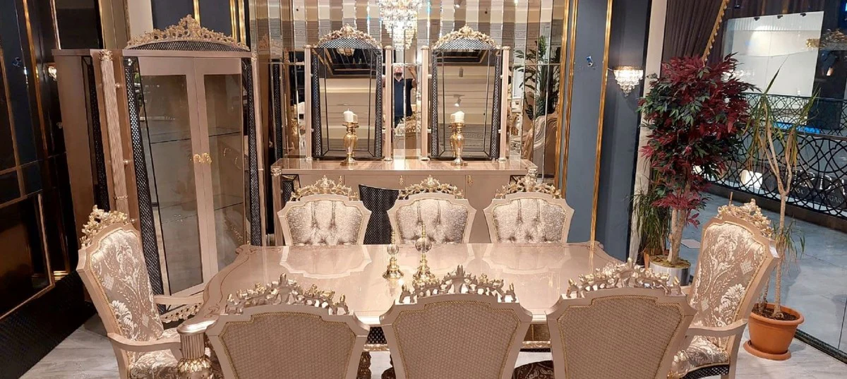 Luxury Baroque Dining Room Set Gray / Black / Gold - 1 Baroque Dining Table & 8 Baroque Dining Chairs - Luxury Dining Room Furniture in Baroque Style - Magnificent Baroque Dining Room Furniture