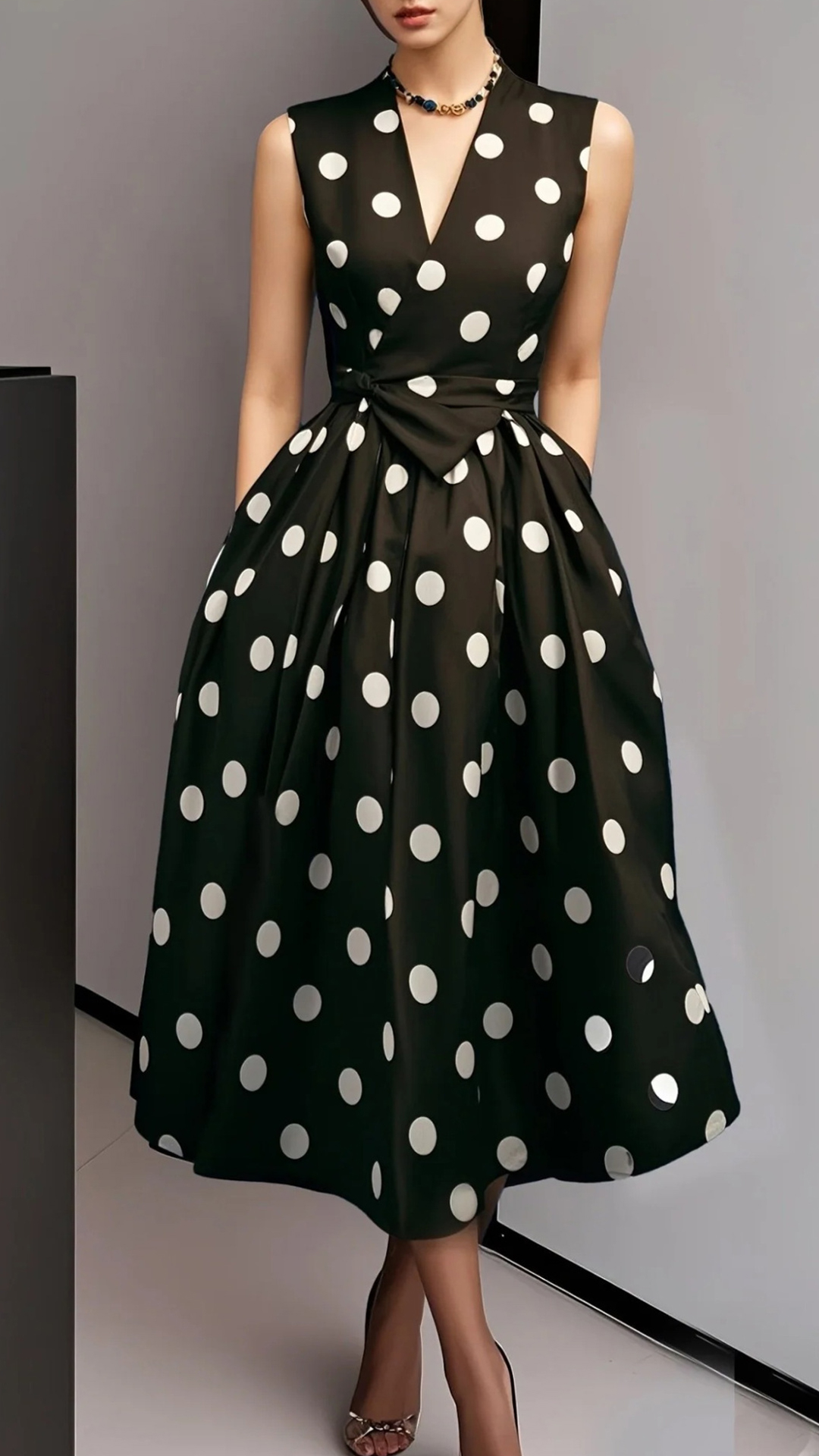 Women's Cotton-Blend V-Neck Polka Dot Tie-Waist Sleeveless Midi Dress - Nordfashionstorm - Women's Clothing, Fashion for You - Nordfashionstorm.com