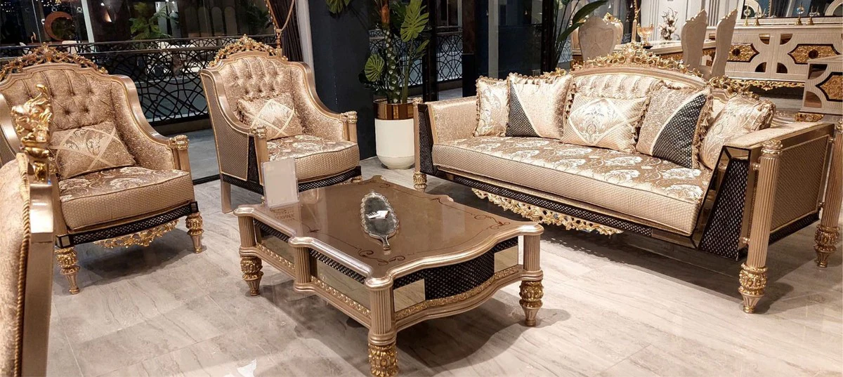 Luxury Baroque Living Room Set Gold / Black / Gray / Gold - 2 Baroque Sofas & 2 Baroque Armchairs & 1 Baroque Coffee Table - Luxury Living Room Furniture in Baroque Style - Baroque Furniture