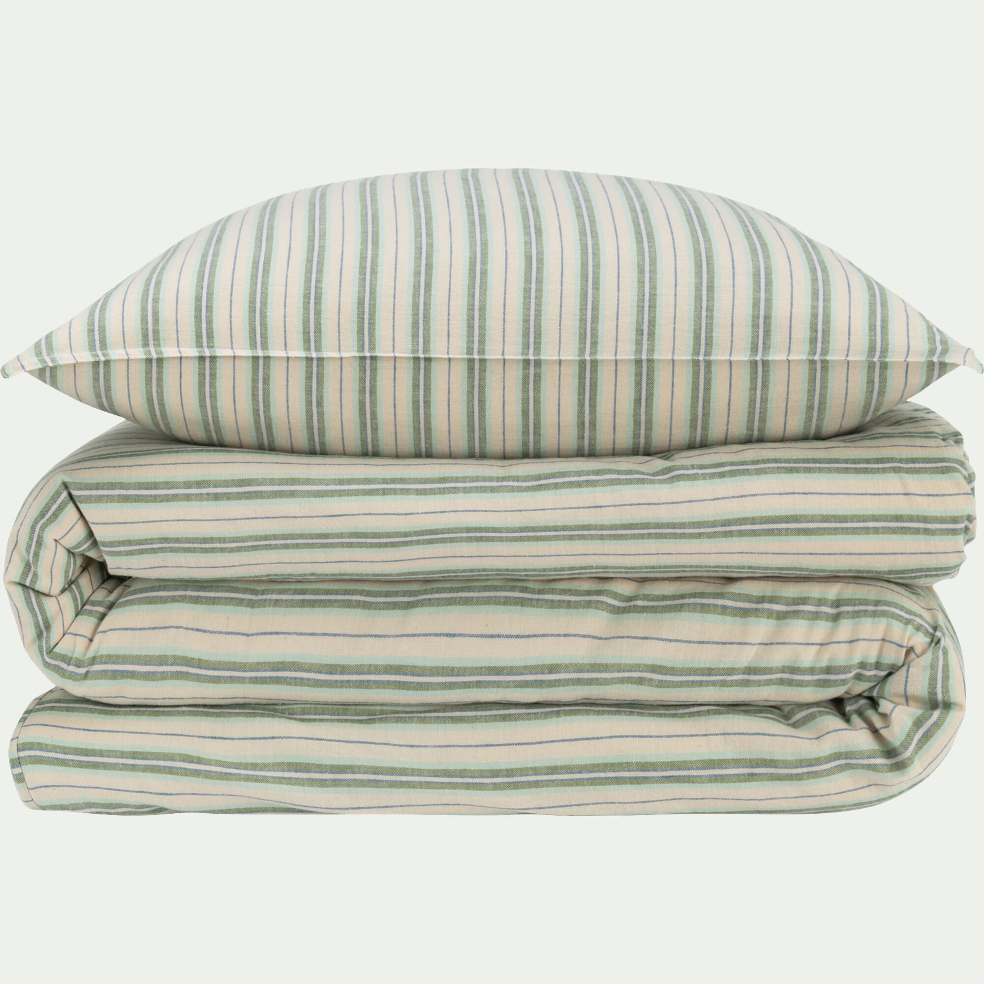 TRADO - Housse de couette 240x220cm et 2 taies d'oreiller 63x63cm motif rayé en coton tissé teint lavé - bleu