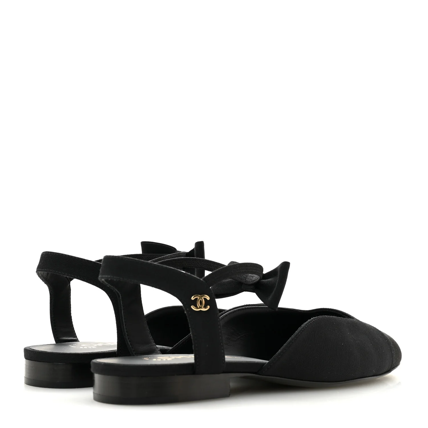 Satin Slingback Cap Toe Bow Flats 39.5 Black - Top Club