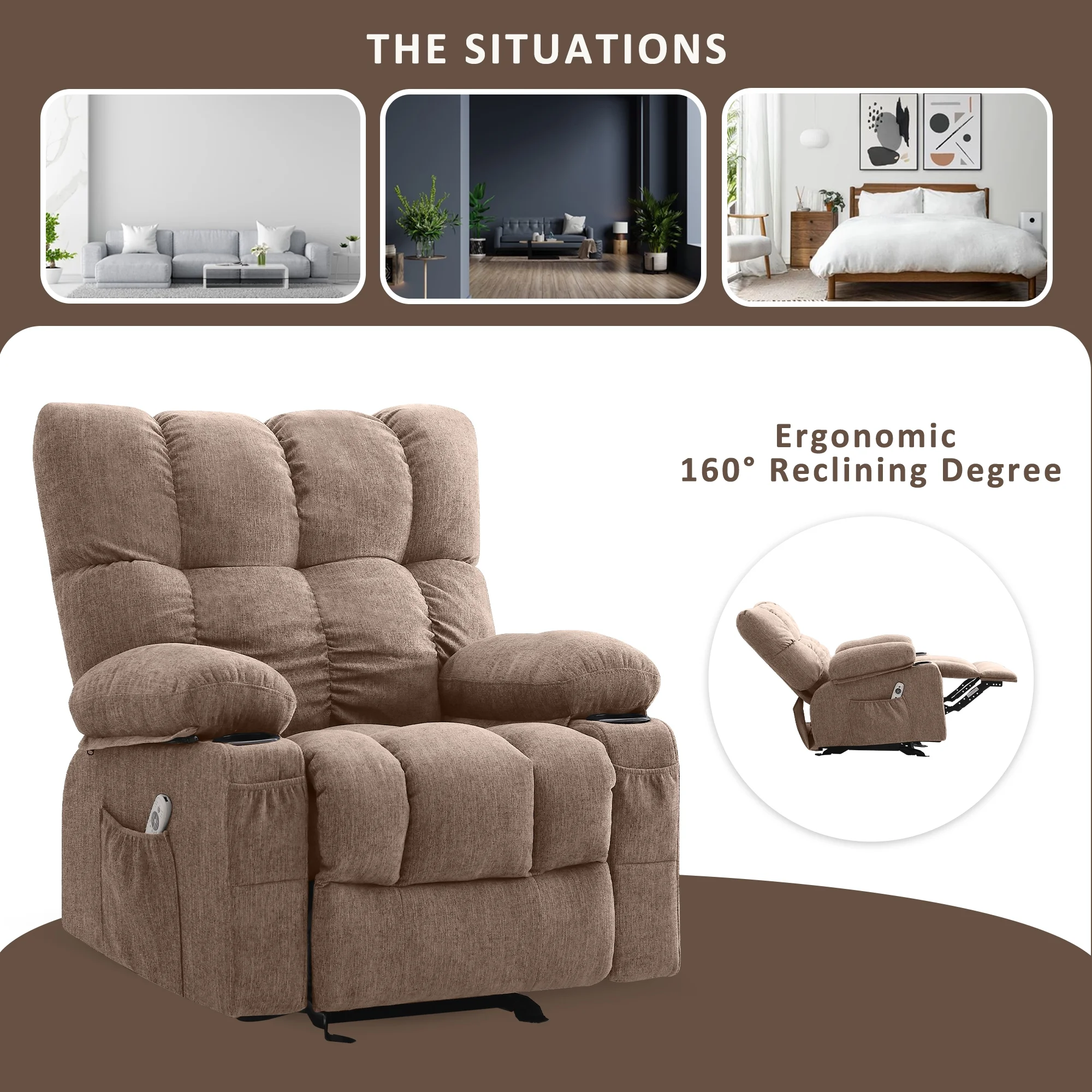 JONPONY Manual Recliner Chair with Heat Therapy and Massage Function, Heavy Duty Reclining Mechanism Massage Chair, Elderly Single Rocker Sofa with Cup Holders for Bedroom Home Theater, Grey