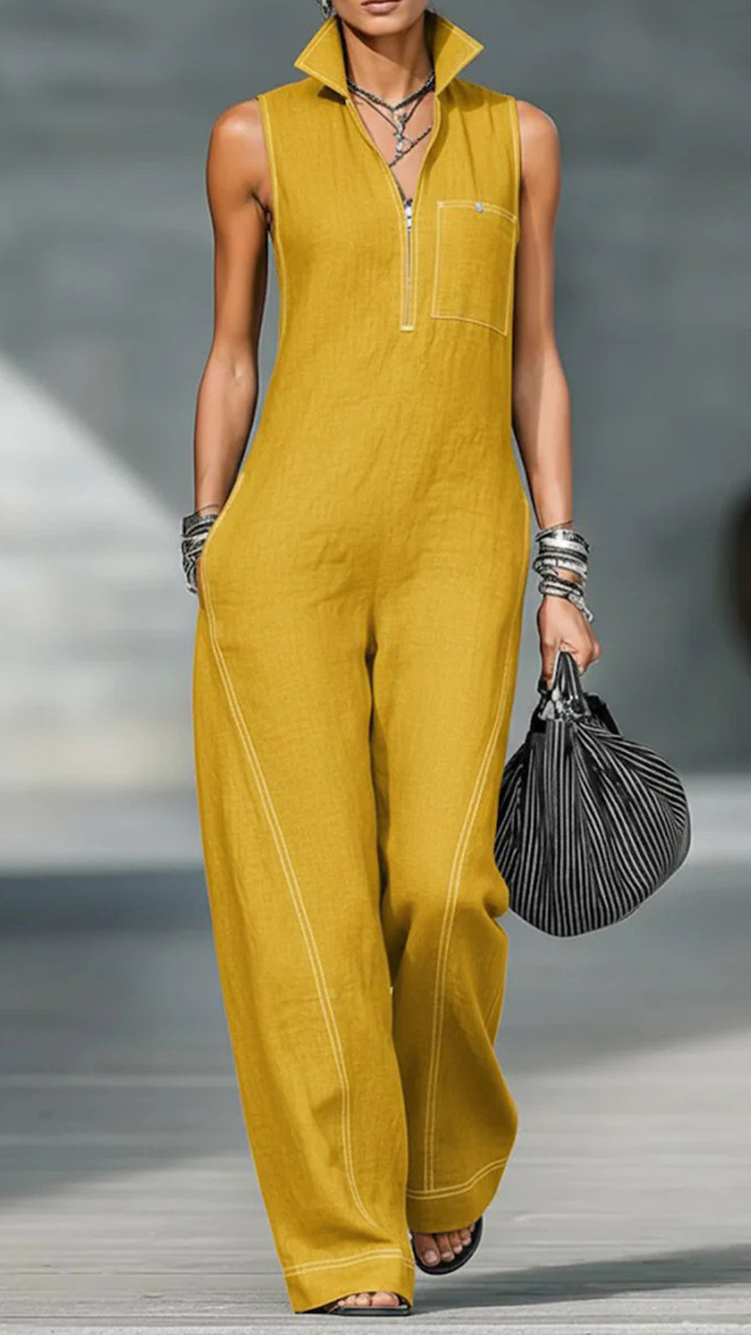 Women's Cotton-Blend Stitched Detail Sleeveless Wide-Leg Jumpsuit - Nordfashionstorm - Women's Clothing, Fashion for You - Nordfashionstorm.com