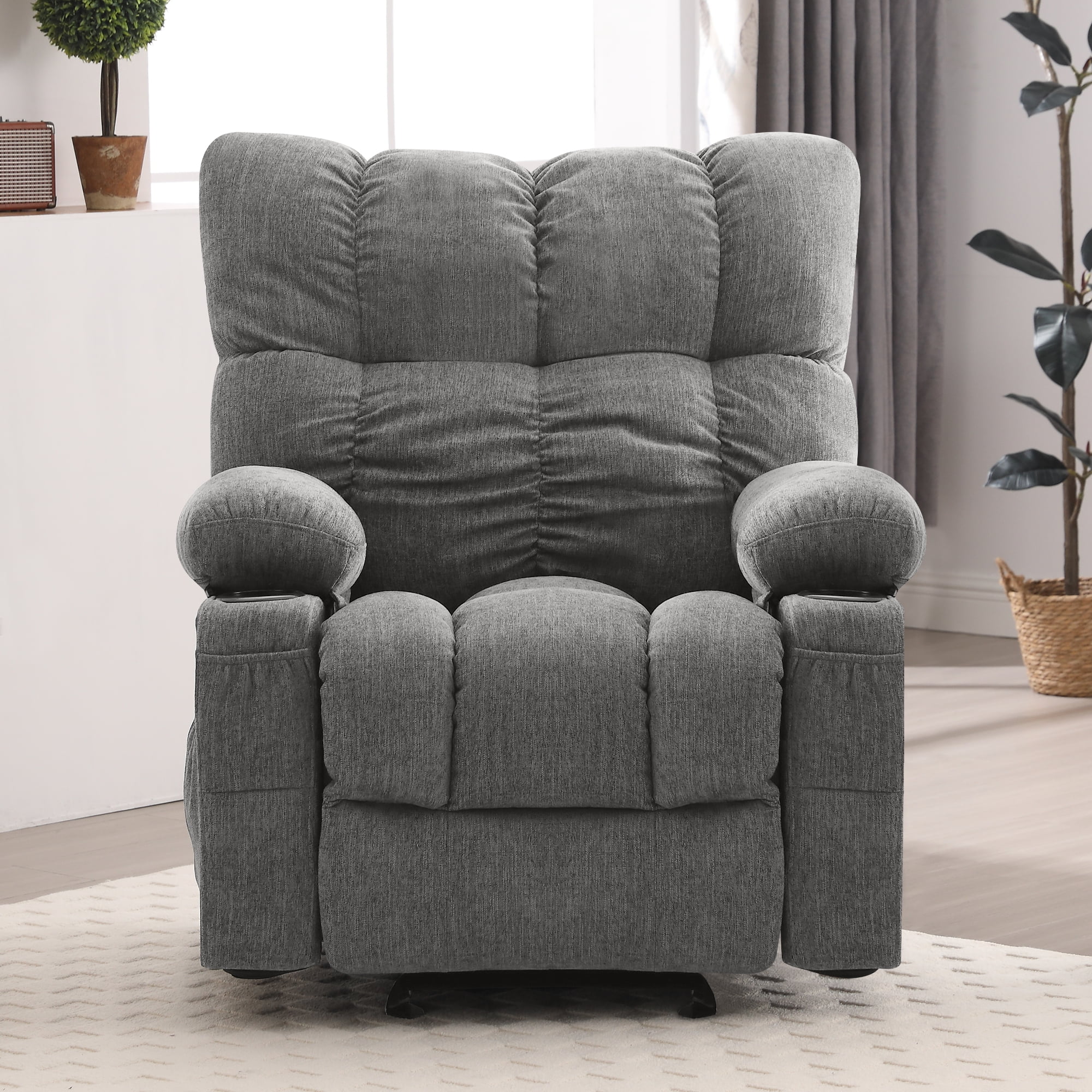 JONPONY Manual Recliner Chair with Heat Therapy and Massage Function, Heavy Duty Reclining Mechanism Massage Chair, Elderly Single Rocker Sofa with Cup Holders for Bedroom Home Theater, Grey
